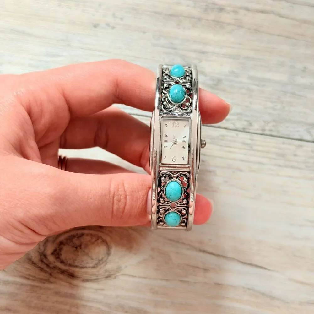 Southwestern Turquoise Silver Tone Cuff Bracelet Watch Western Boho Cowgirl